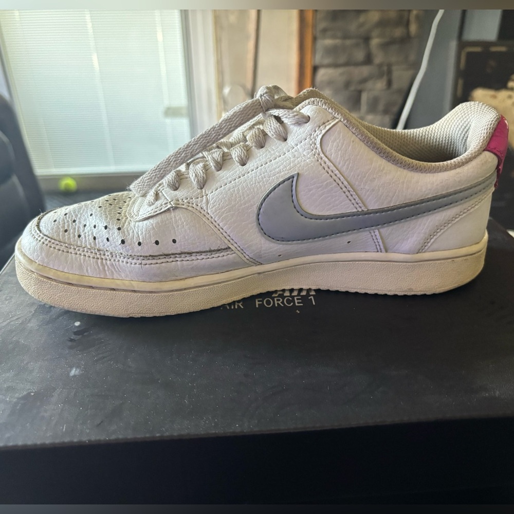 Nike Air Force 1 White and Blue with Pink Accent - Picture 1 of 3